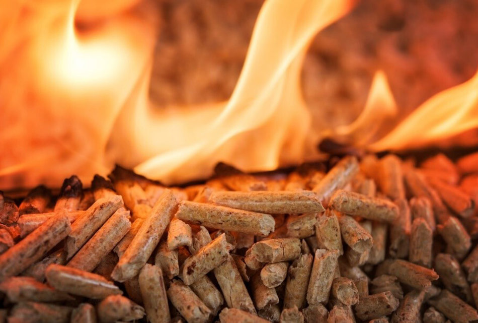 Nahaufnahme von sanft brennenden Holzpellets.
